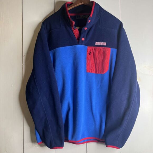Vineyard Vines Fleece Pullover Large Blue Red Whale Logo Retro Outdoor 1/4 Snap - Picture 1 of 10